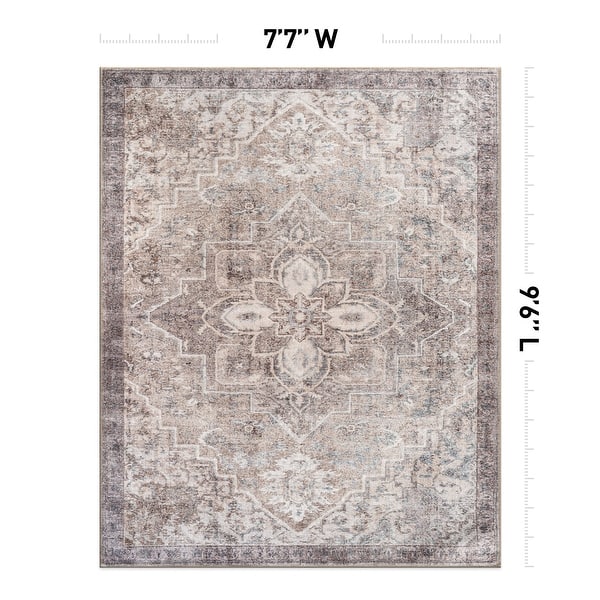 dimension image slide 14 of 17, Floral Medallion Washable Rug – Low Pile, Non-Slip, Ideal for Entryway, Living Room, and Bedroom