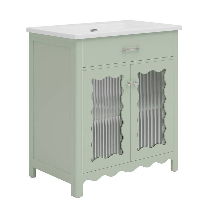 Roomfitters 31" Bathroom Vanity with Tempered Glass, Modern Cabinet with Rubber Wood Legs and Soft-Close Doors