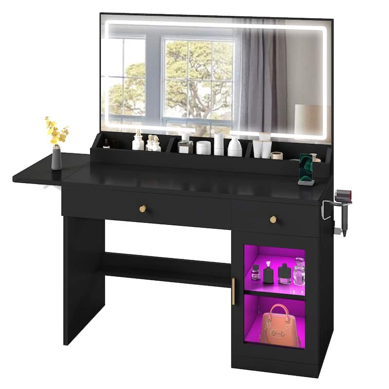 Moasis Makeup Vanity Desk with Mirror and RGB Lights & Extral Foldable Desk