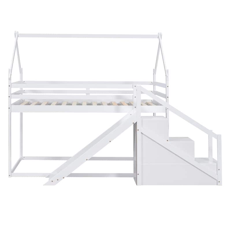 Roomfitters Twin over Twin House Loft or Bunk Bed with Slide, Staircase and Playful Roof Design