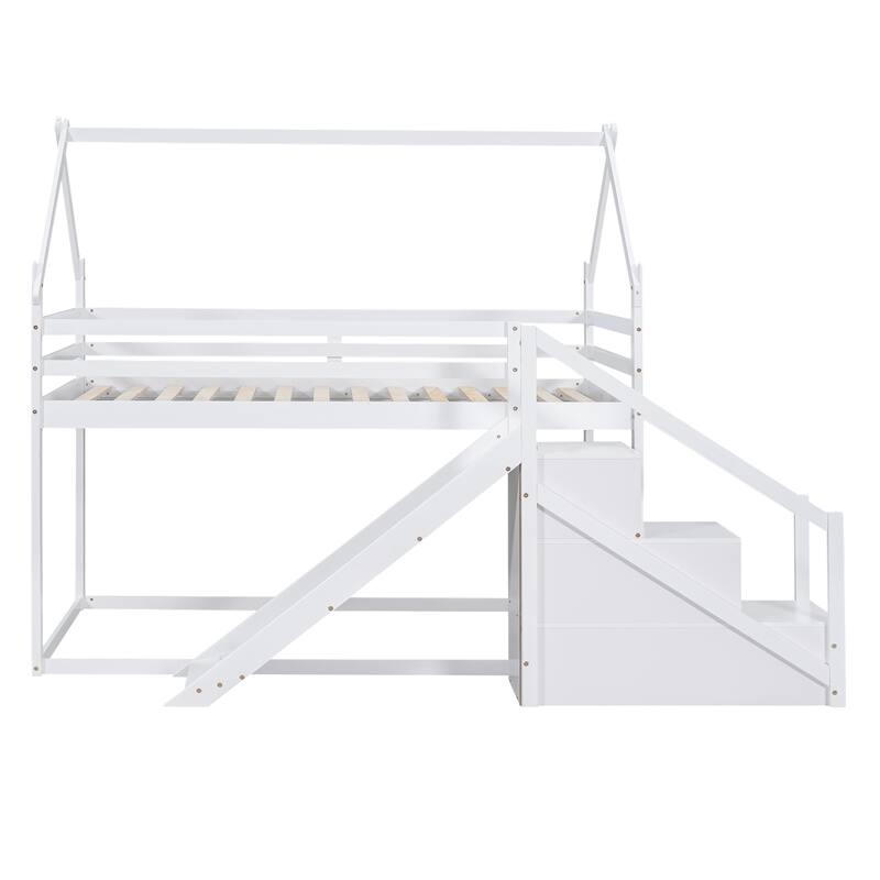 White Twin over Twin House Loft Bunk Bed with Slide, Staircase and Storage