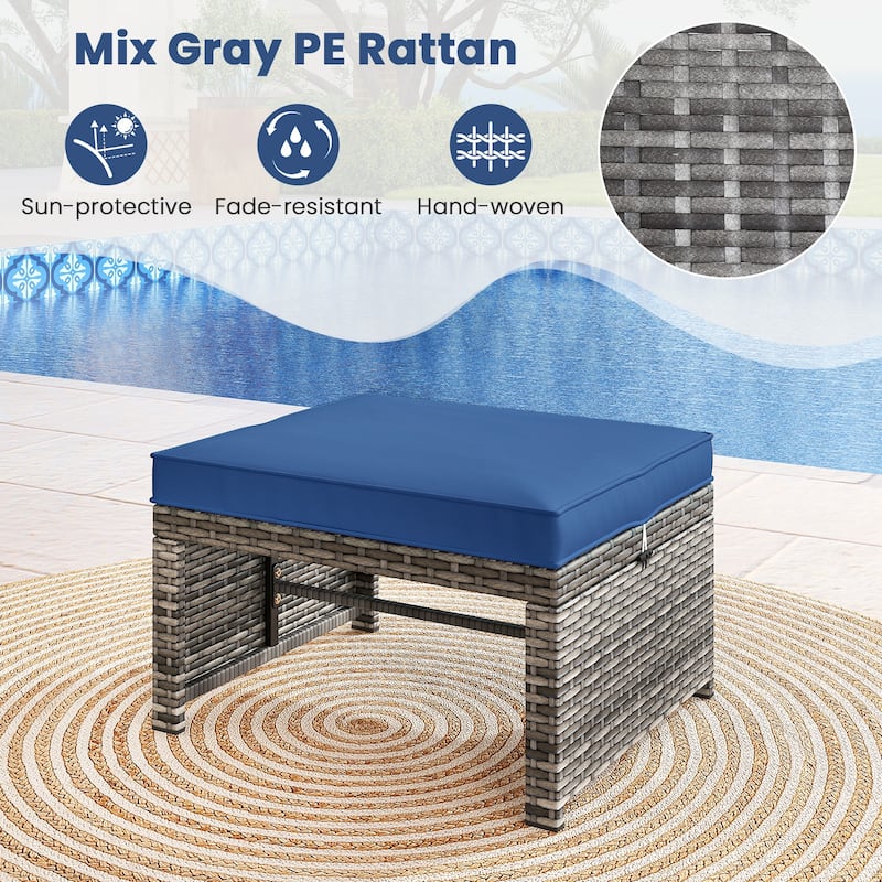 PE Rattan Outdoor Ottomans with Cushions, Footrest Seats or Tables - 16" L x 19" W x 9.5" H