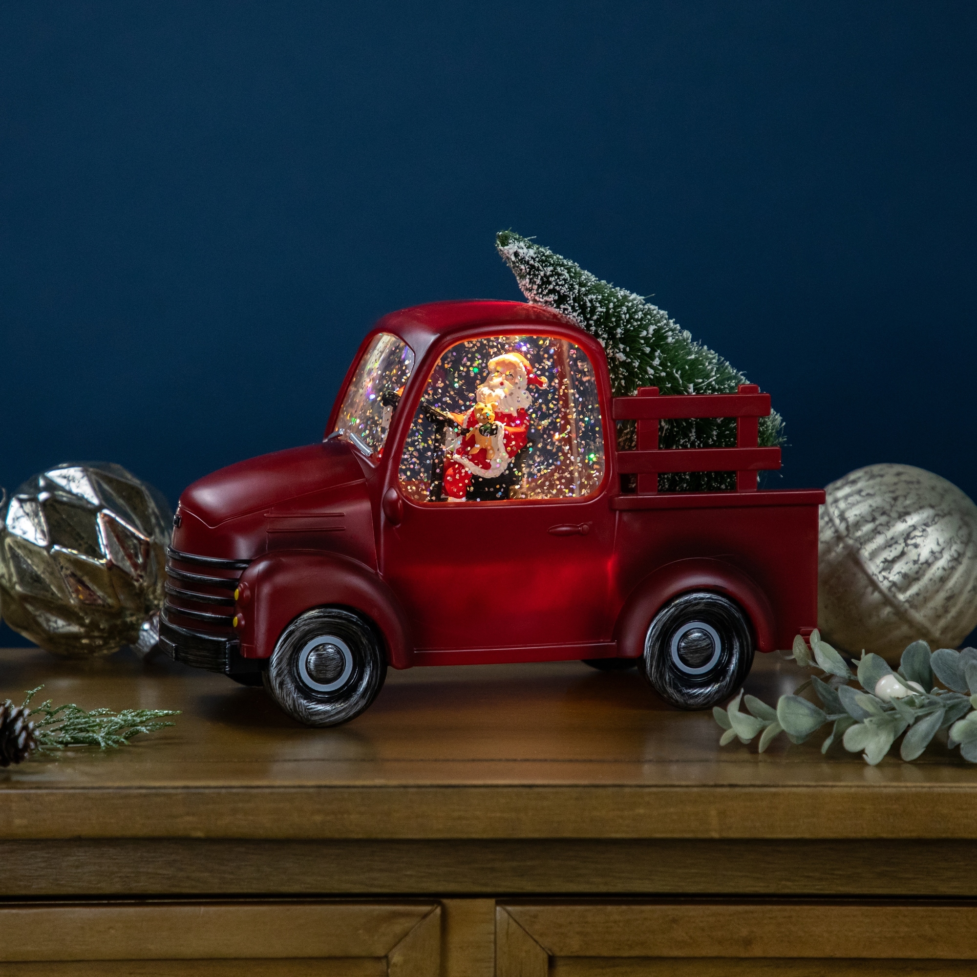 LED Lighted Santa in Red Retro Truck with Christmas Tree Snow Globe -9" - 9"