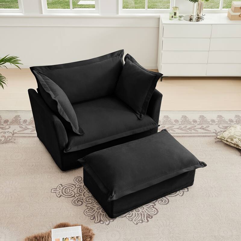 Chenille Slipcovered Deep Seat Armchair with Ottoman & Large Soft Pillows
