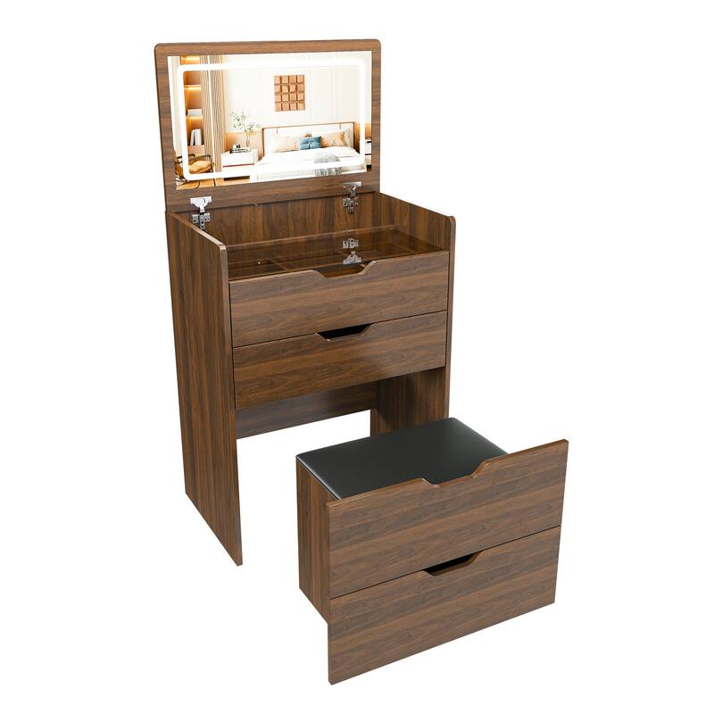3-in-1 Flip Top Makeup Vanity with Lighted Mirror, Stool & Storage