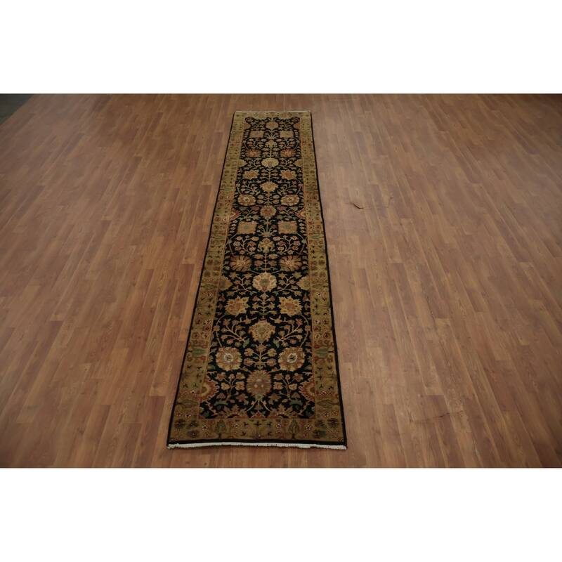 Hand Knotted Oriental 100% Wool Carpet Traditional Floral Black Agra Runner Rug - 12' 2'' X 2' 8''