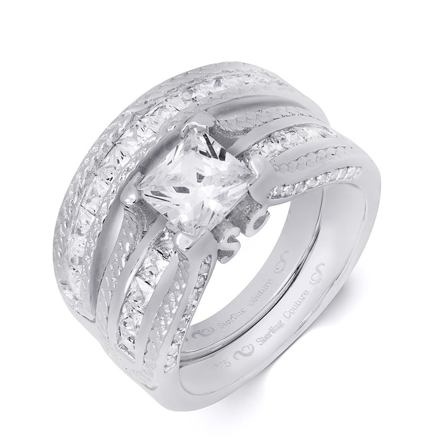 MayaMila Womens 3.25 CT Princess Cut Wedding Band Engagement Ring Set Silver