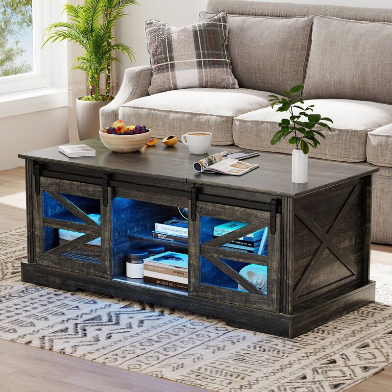 Lift Top Led Coffee Table With Sliding Barn Door