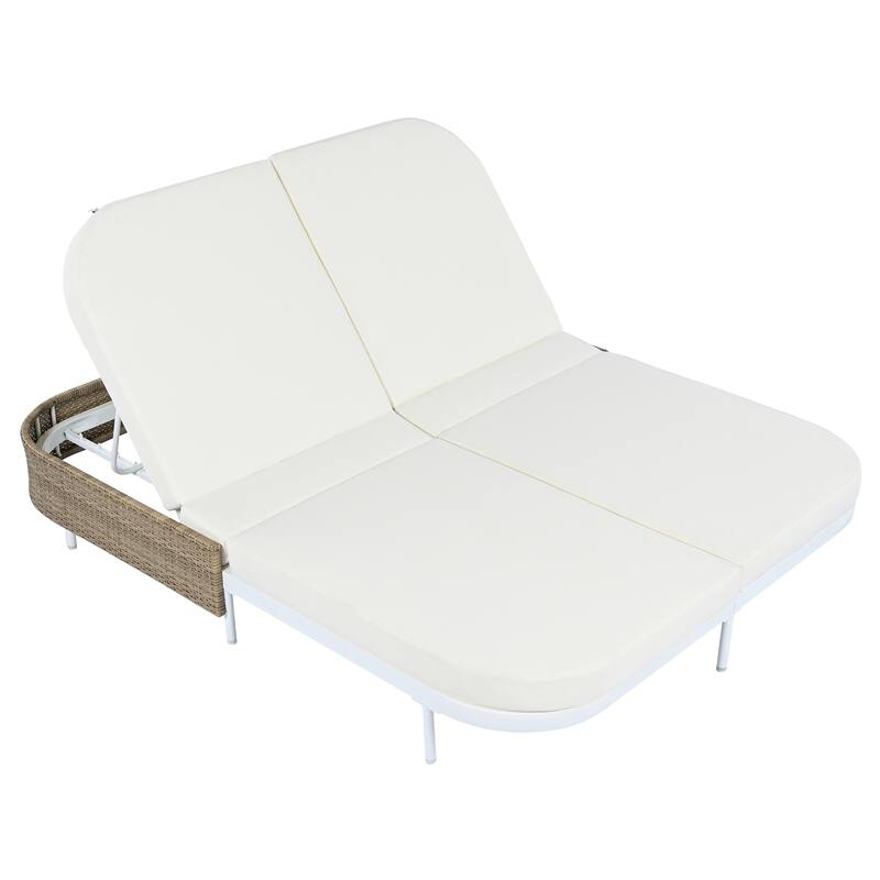 Outdoor Patio Iron Frame Double Daybed Sunbed with 5-Position Adjustable Backrest and Pillows
