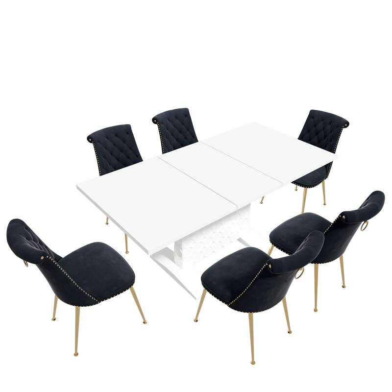 7-Piece Clihome High-gloss Extendable Table Velvet Chair Dining Set