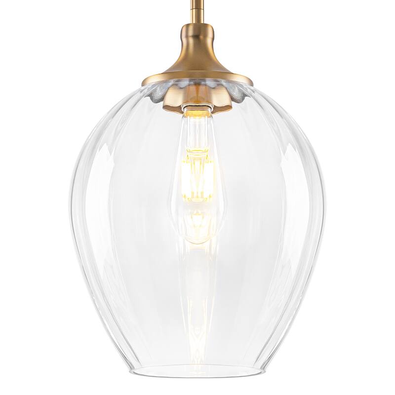 Modern Matte Brass Pendant Light Teardrop Ribbed Clear Glass Shade - Dia.9.06-in