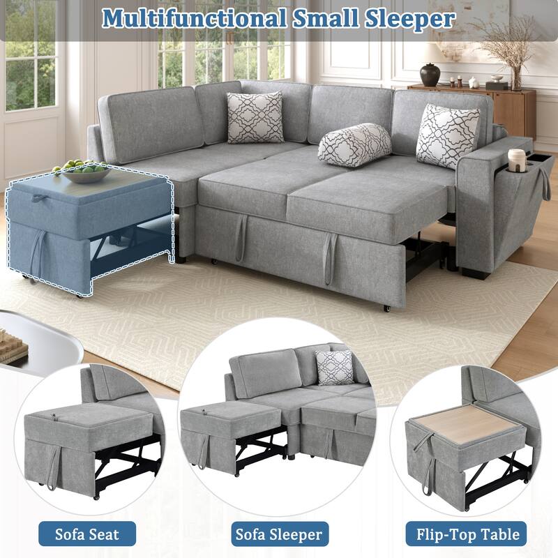Convertible Sectional Sofa Bed with Flip-Top Table, USB Ports & Cup Holder, Chenille L-Shaped Sofa with Dual Pull-Out Sleepers
