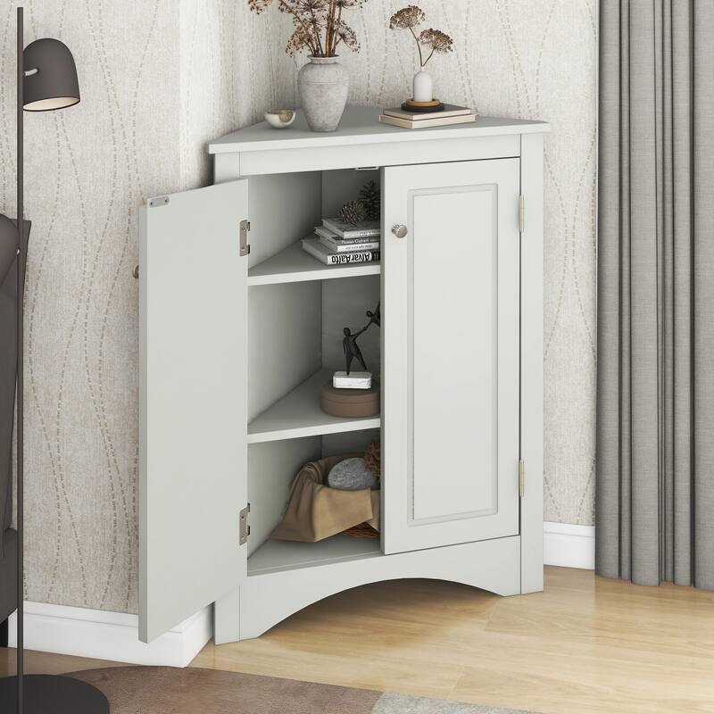 Triangle Corner Storage Cabinet, Freestanding Floor Cabinet, Double Door Bathroom Cabinet with 2 Tier Adjustable Shelves