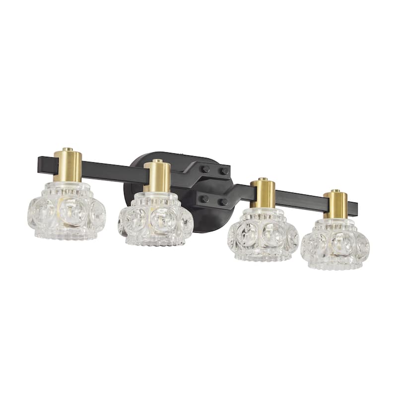 24" Vintage 4-Light Wall Sconce with Clear Crystal Shades, Black Iron Finish Vanity Light Fixture