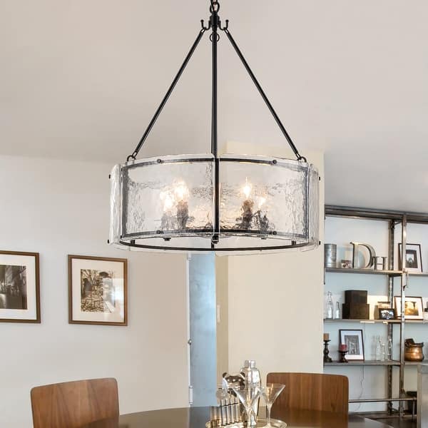 Modern 5-Light 20.5" Lantern Drum Chandelier Water Ripple Glass Pendant for Dining Room