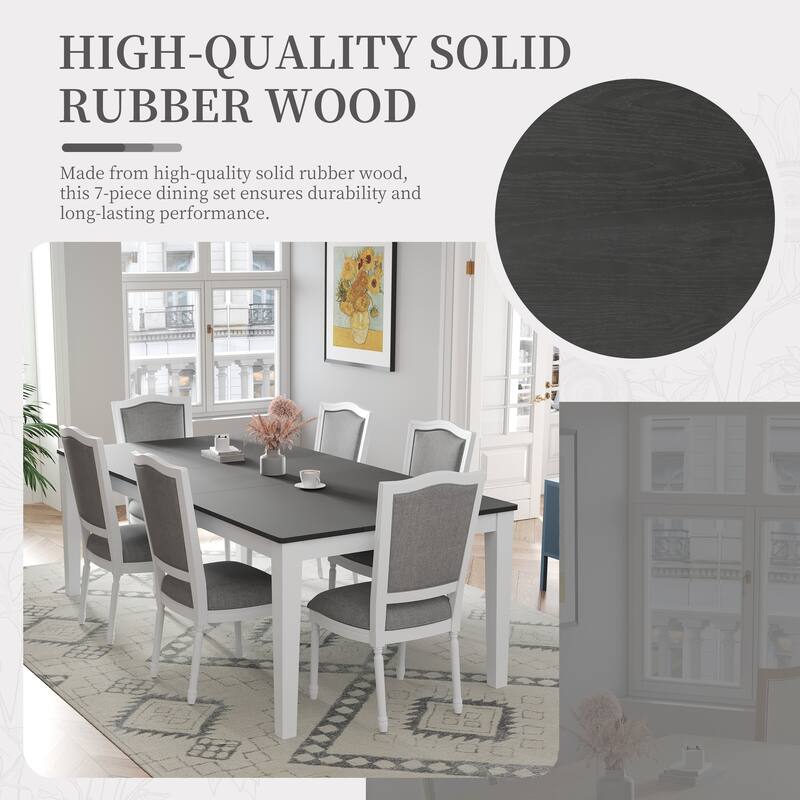 7-Piece Extendable Dining Table Set with Removable Leaf, 6 Upholstered Dining Chairs, 2 Built-in Drawers for Dining Room