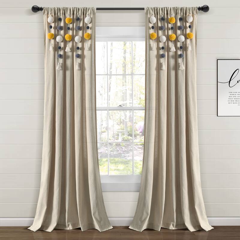Lush Decor Boho Pom Pom Tassel Linen Window Curtain Panel (Single) - 52"W x 84"L - Yellow/Grey