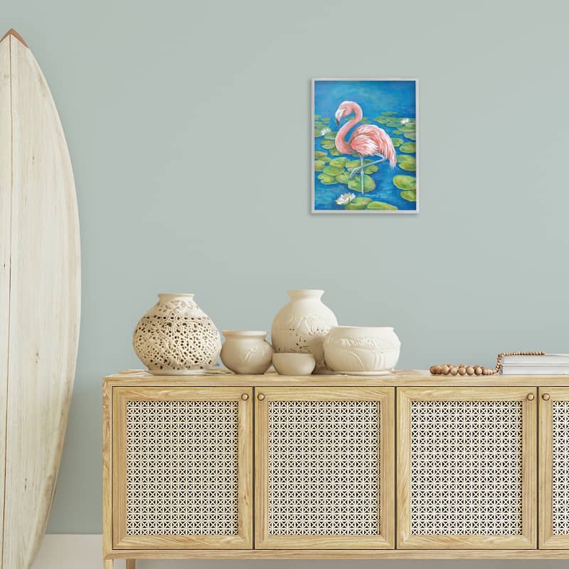 Stupell Balancing Flamingo & Lily Pads Framed Giclee Art Design By Diane Kater