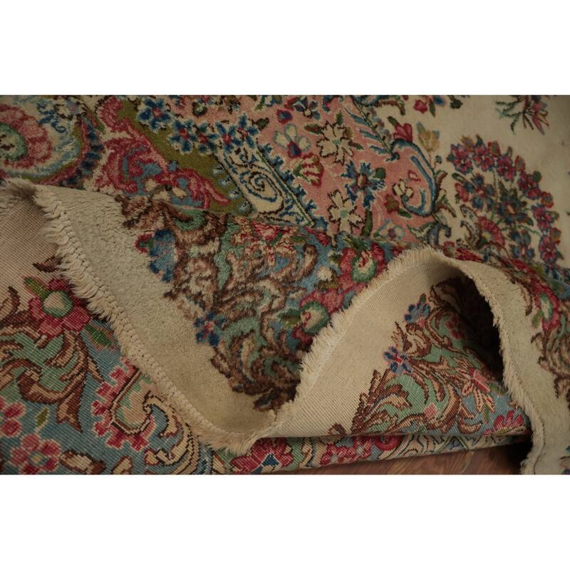 Hand Knotted Oriental 100% Wool Carpet Traditional Floral Beige & Ivories Kerman Area Rug - 13' 3'' X 9' 11''