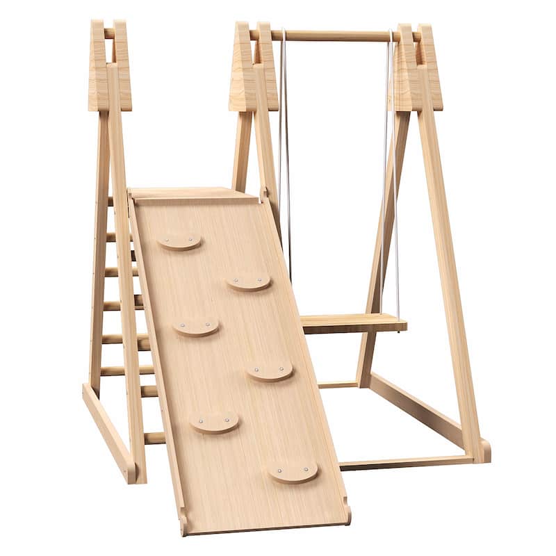 4-in-1 Foldable Playset Indoor Jungle Gym Playset w/Interchangeable Swing, Slide and Rock Wall
