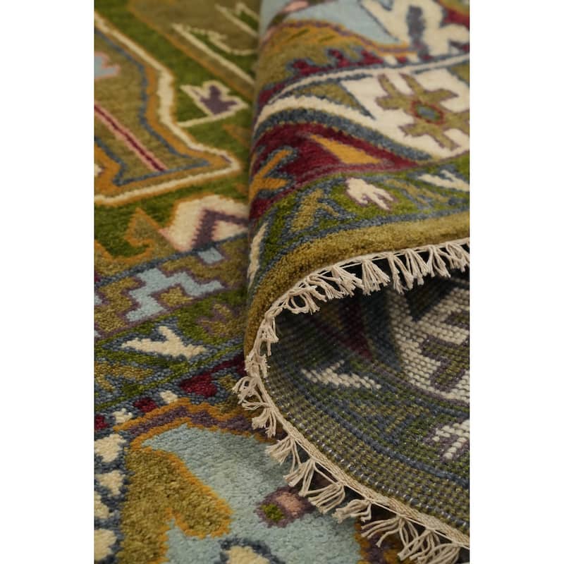 Hand Knotted Oriental 100% Wool Carpet Traditional Geometric Green Kazak Area Rug - 11' 10'' X 8' 11''