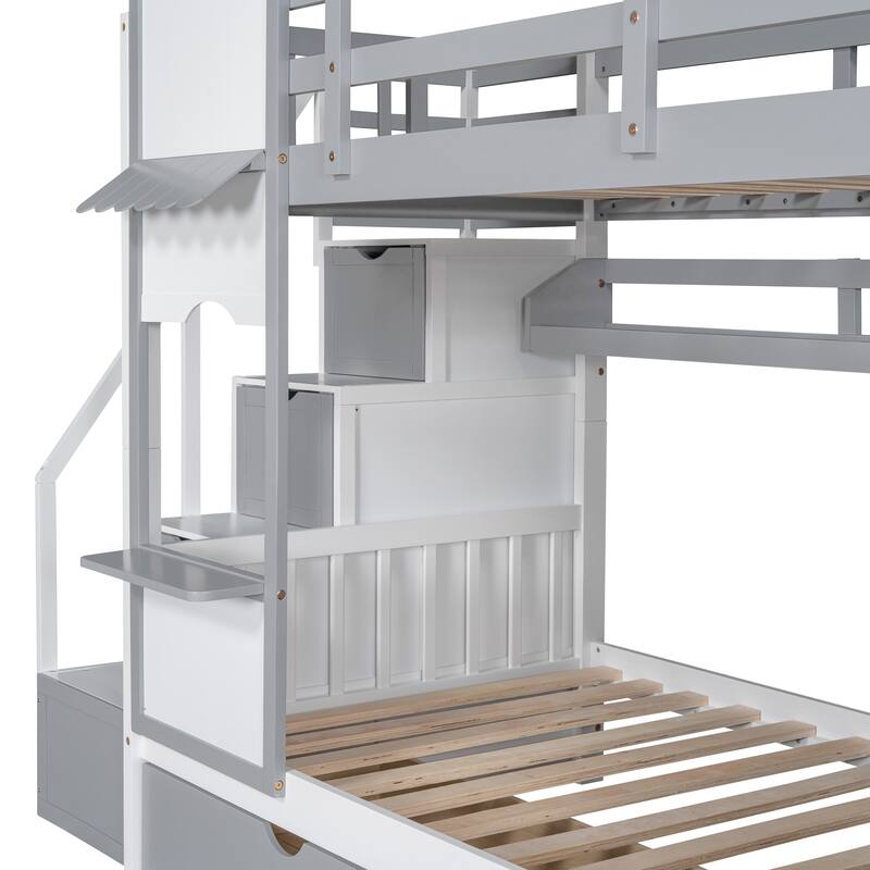 Twin-Over-Twin Castle Style Bunk Bed with Drawers,Shelves,Slide