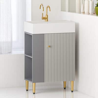 21.6" Open-Shelving Bathroom Vanity with Ceramic Sink, Soft-Closing Door, Brushed Copper Accents, Compact Storage Cabinet