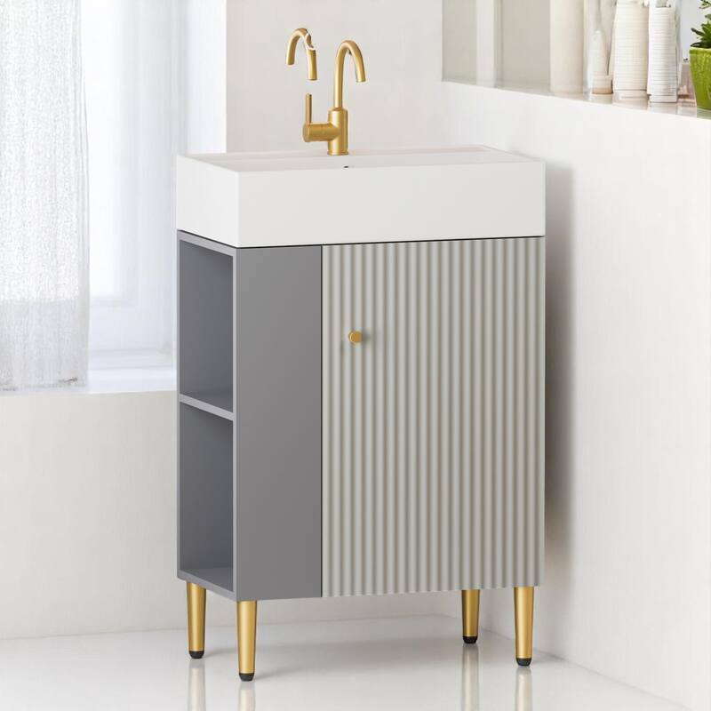 21.6" Open-Shelving Bathroom Vanity with Ceramic Sink, Soft-Closing Door, Brushed Copper Accents, Compact Storage Cabinet - Grey