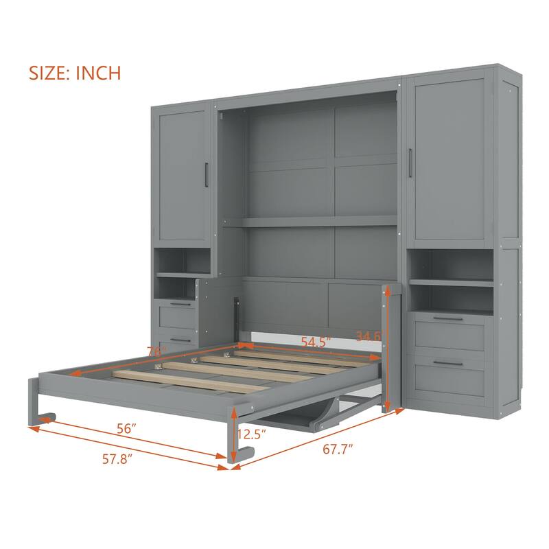 Superior Quality Full Size Murphy Bed Wall Bed with Closet, Drawers & Shelves, Multifunctional Space-Saving Solution, Gray