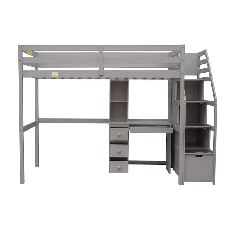 Space-Saving Twin Loft Bed with Stand-Alone Bed, Storage Stairs, Desk and Shelves, Gray