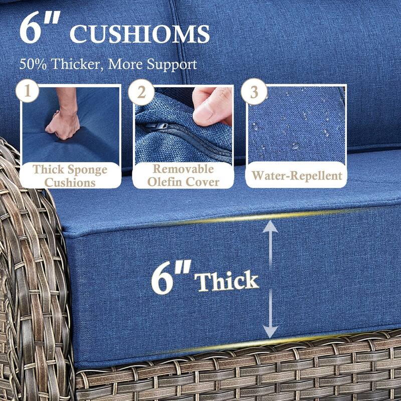 Meyreso 7-Piece Wicker Outdoor Patio Fire Pit Conversation Set with 6-Inch Thick Cushions