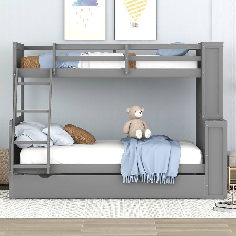 Twin Over Full Wooden Bunk Bed with FullLength Guardrails & Trundle