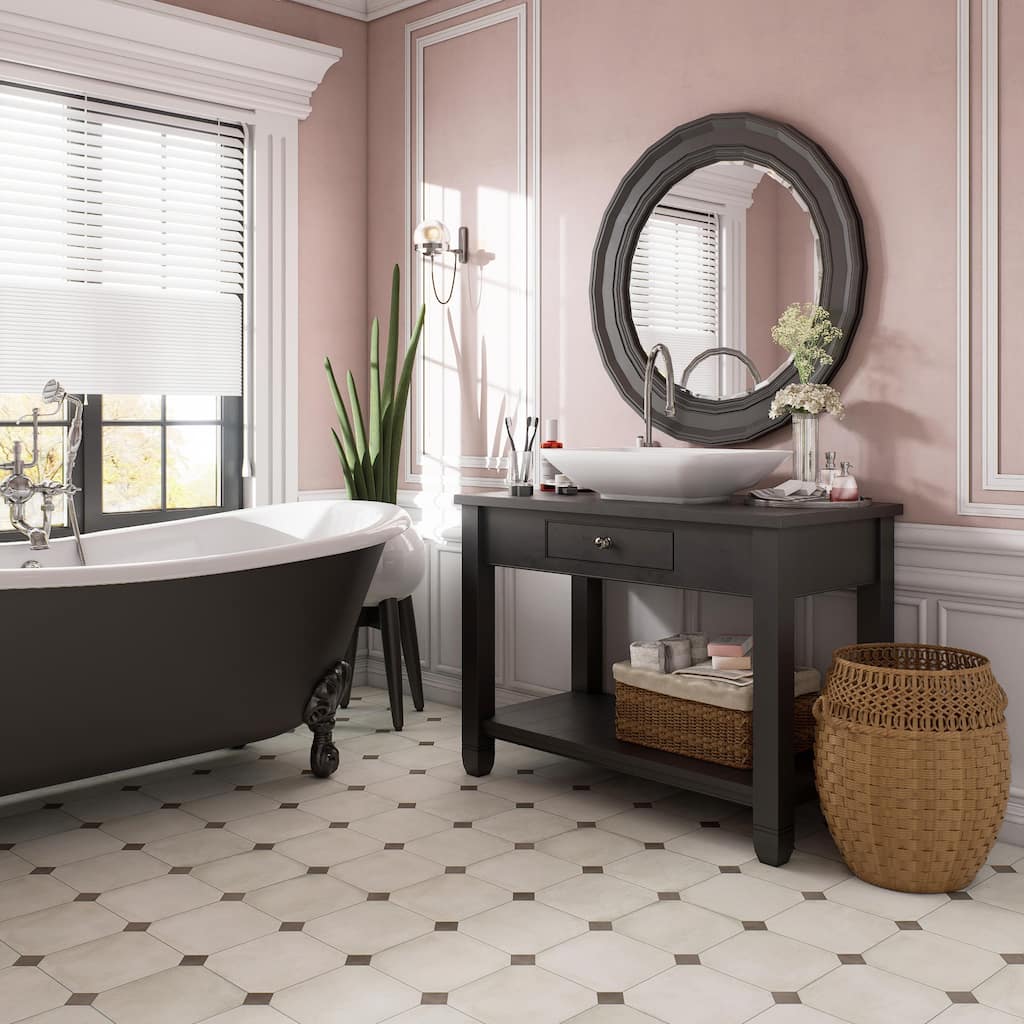 Merola Tile Laverton Octagon Nieve with Taco Grafito 7-7/8" x 7-7/8" Porcelain Floor and Wall Tile