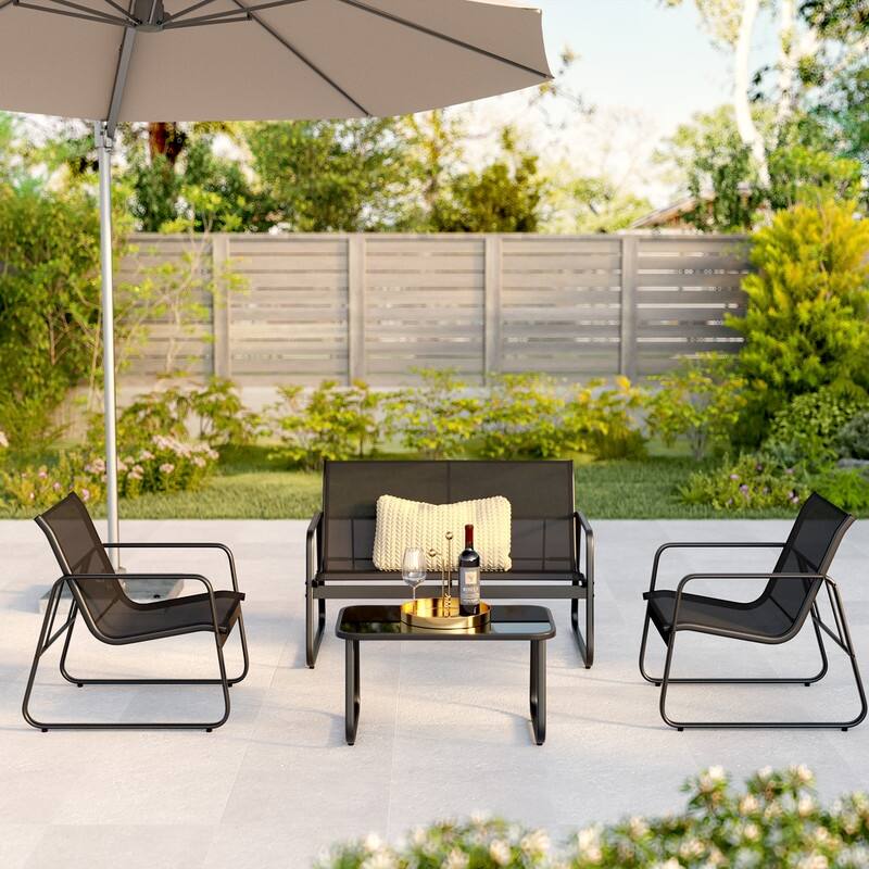 Outdoor 4 Piece Patio Conversation Set, Bistro Table and Chair Set with Chaise Lounge and 2 Single Chairs