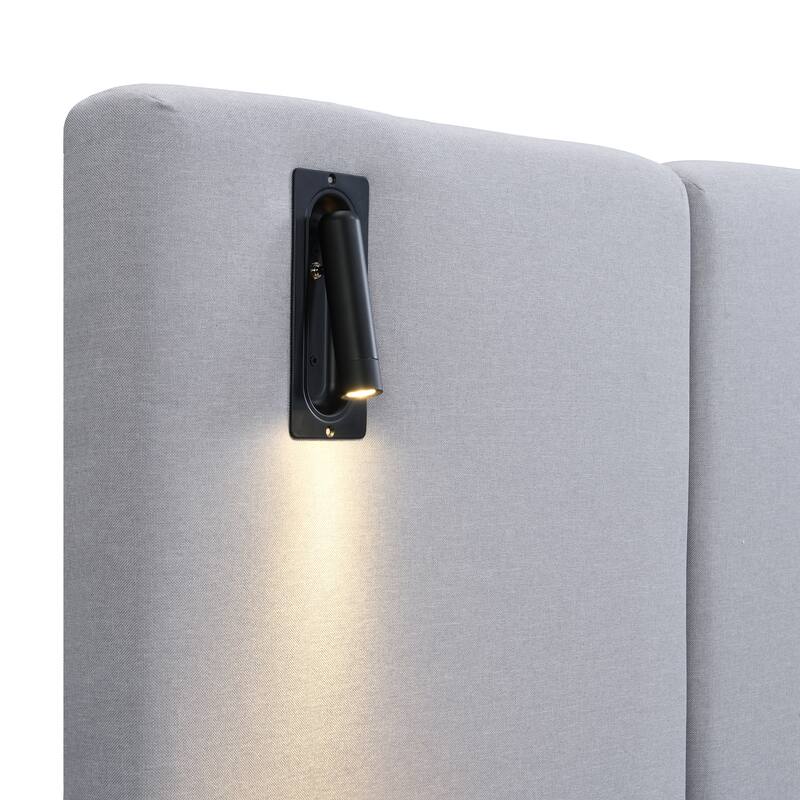 Linen Upholstered Frame Wingback Bed Built-in Lights and Shelves