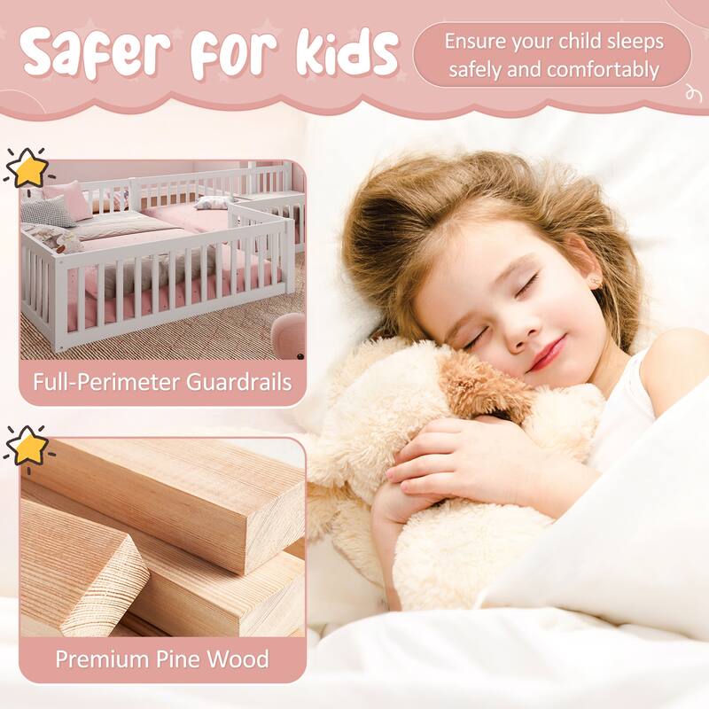 Modern House Floor Bed Frame, Double Floor Beds with Fence and Door