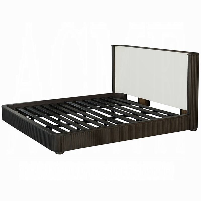 Jeh Queen Size Bed, White Upholstered, Espresso Brown Ribbed Details