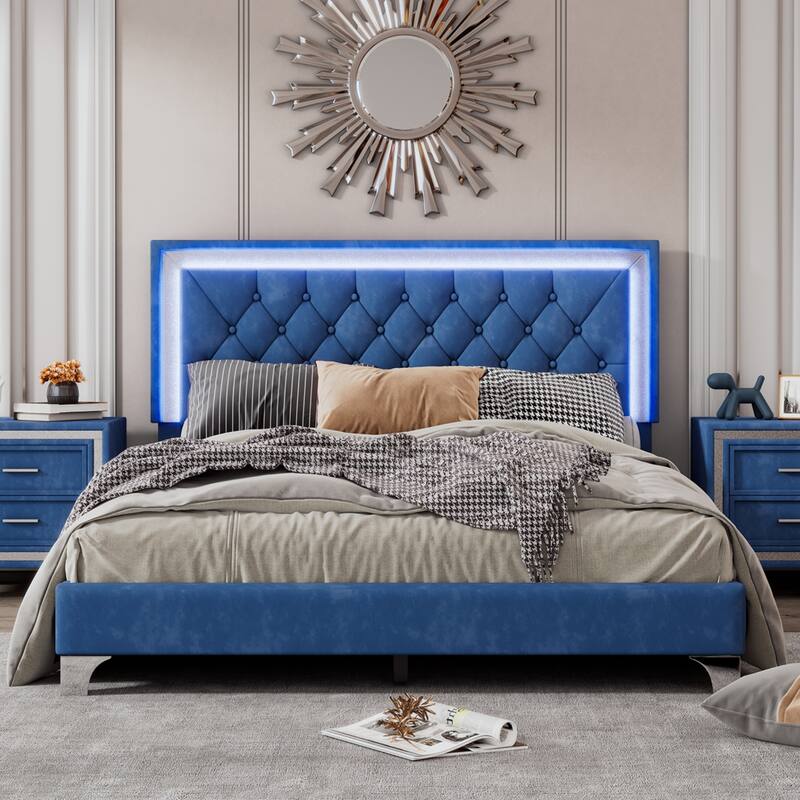 Velvet Platform Bed with Tufted Headboard and LED Lights