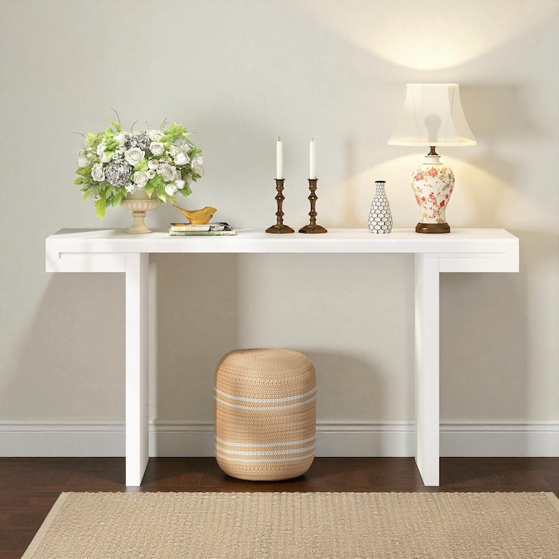60'' Modern Console Table with Geometric Lines, Painted Finish & Adjustable Feet for Entryway, Hallway or Living Room - White