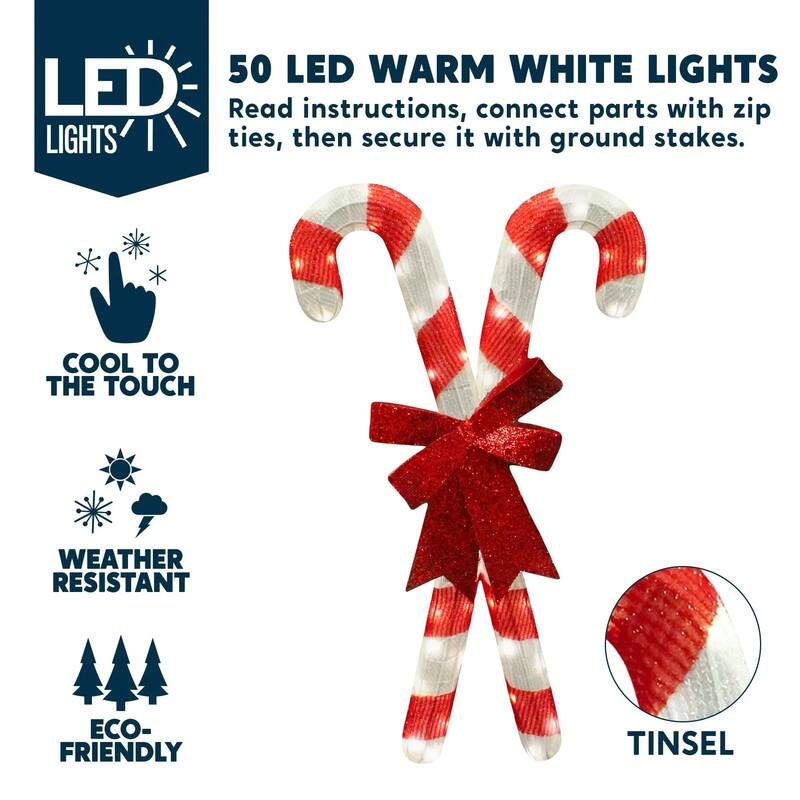 2.78 ft. Tall White & Red Tensil Candy Canes LED Yard Lights - White and Red