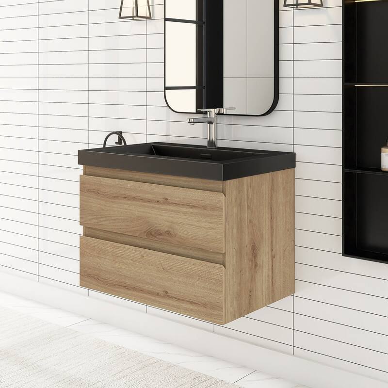 MDF Wall-Mounted Bathroom Vanity Set in Oak with Integrated Culture Marble Sink