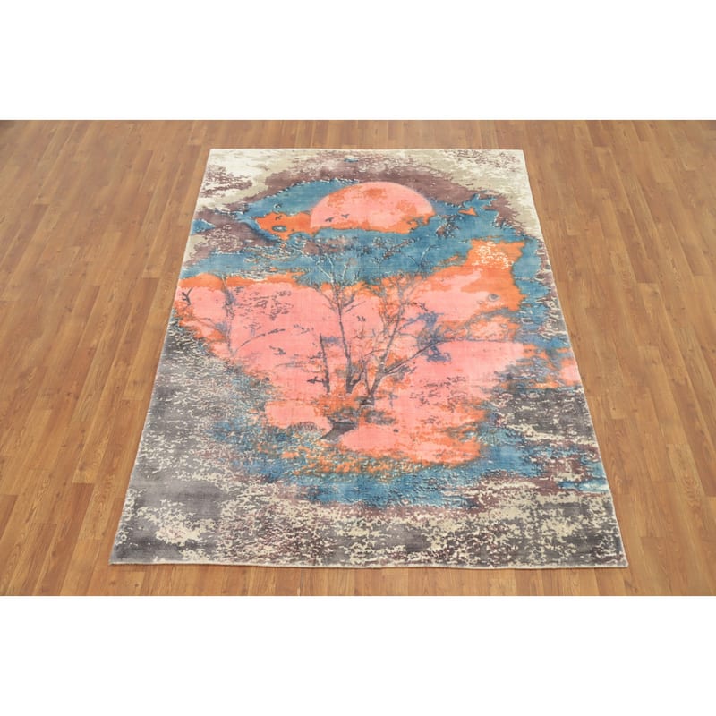 Hand Knotted Oriental Viscose Silk Carpet Modern Pictorial Pink Abstract Area Rug - 7' 3'' X 5' 5''