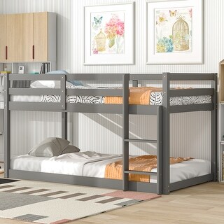 Grey Twin Size Wood Loft Bed with Ladder and Fence for Kids