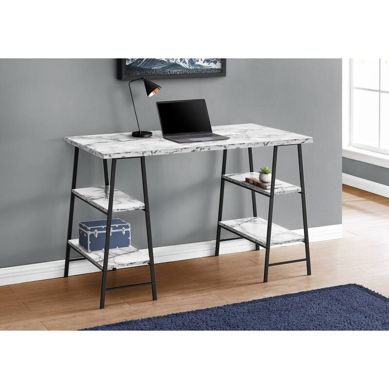 Contemporary 48" Computer Desk with 4 Open Shelves and Metal Base, Space-Saving Writing Desk for Home Office