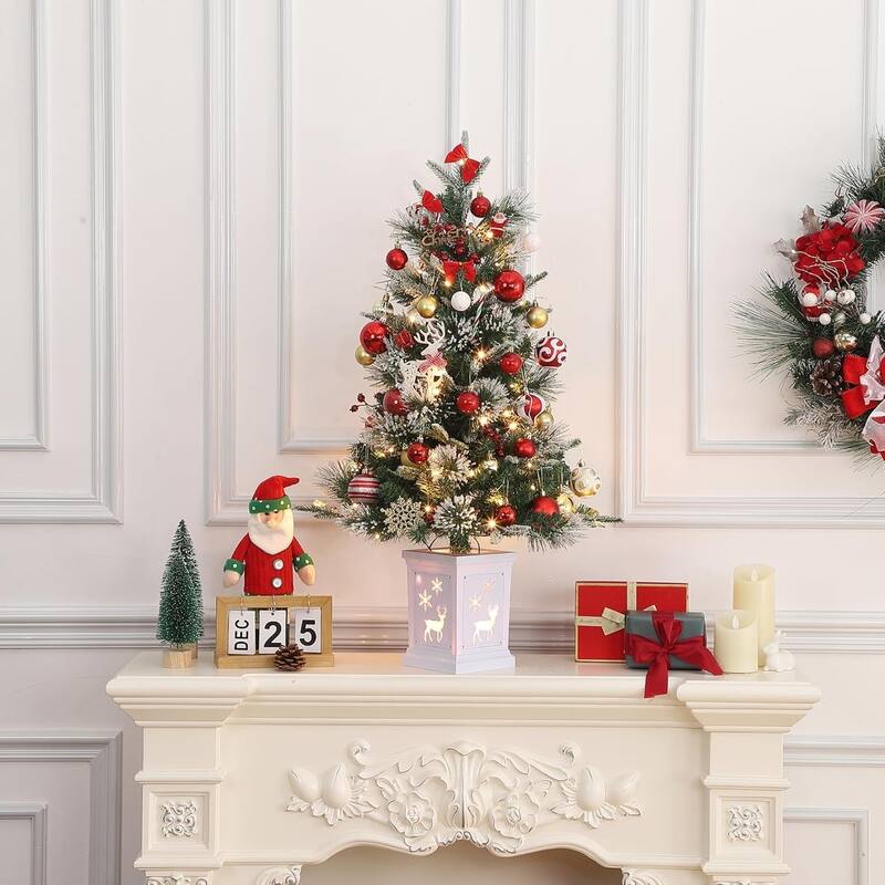 4.5 Ft Artificial Christmas Tree with 200 Warm White LED Lights and Red Berries Potted Base Holiday Xmas Tree