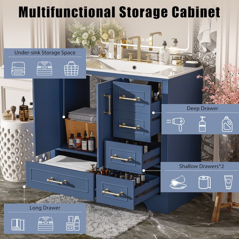 36 inch Solid Wood Traditional Bathroom Vanity with Ceramic Sink and Four Drawers