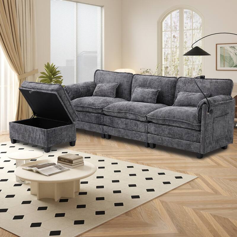 GALDWIN Chenille Upholstered L-shaped Modular Sectional Sleeper Sofa with Movable Storage Ottoman,USB&Type-C - Grey