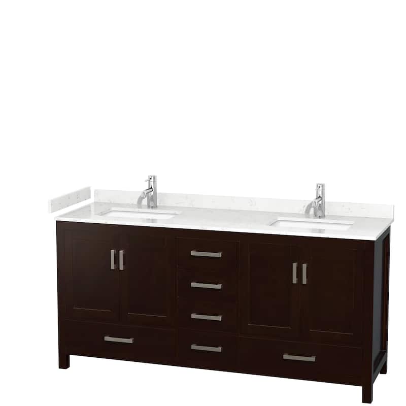 Sheffield Double Bathroom Vanity Set, Cultured Top, No Mirror - 72-Inch Double - Espresso, Carrara Cultured Marble Top, Chrome Trim