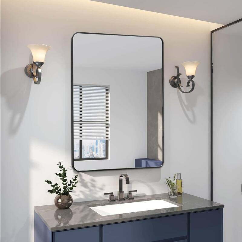 GDFStudio - Everly Contemporary Rectangular Bathroom Vanity Decorative Mirror with Reinforced Wall Mount & Metal Frame
