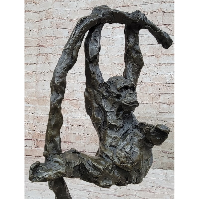 Playful Chimpanzee Swing On Bar Bronze Sculpture By C. Williams | Signed Original Artwork